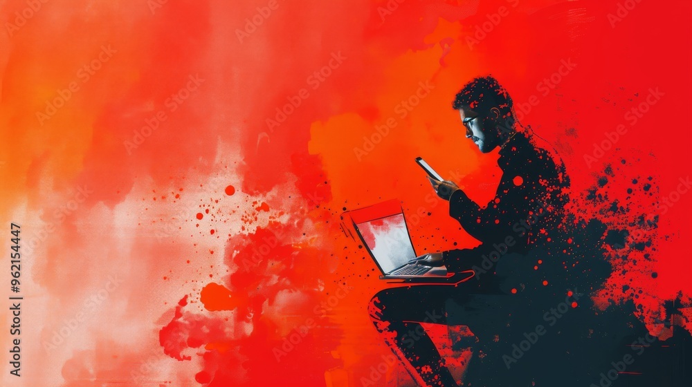 Poster a digitally enhanced, artistic illustration of a man sitting while using a laptop and smartphone, wi