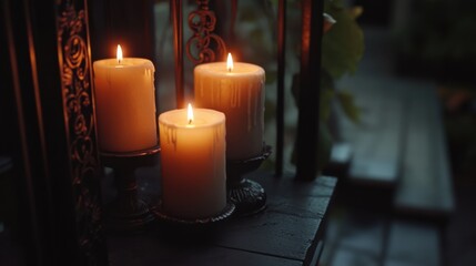 A cinematic close-up of eerie candles flickering in the wind on a haunted porch
