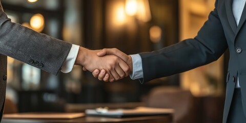 Two individuals in a business setting are shaking hands, representing cooperation, partnership, and mutual agreement.