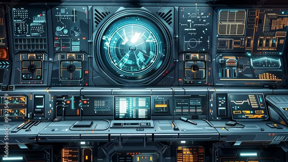 Poster exploring a futuristic space control panel with advanced technology and intricate designs