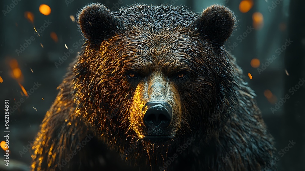 Aufkleber a close-up of a majestic brown bear with a fierce expression, set against a backdrop of glowing orbs