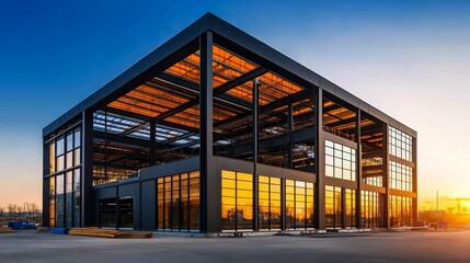 Obraz premium Modern Glass Building Under Construction at Sunset