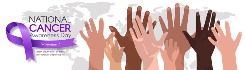 National Cancer Awareness Day. Long horizontal banner with a purple ribbon, diverse hands, and space for text.  Vector flat illustration.