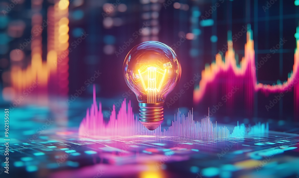 Poster glowing lightbulb over neon graph on abstract surface