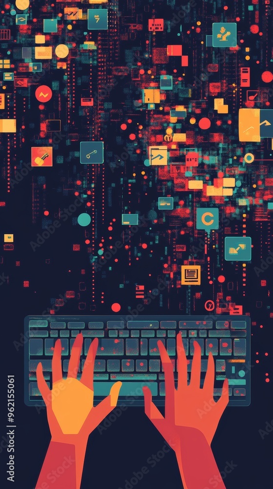 Fototapete Hands typing on a keyboard with colorful data icons overhead. Programming and digital workflow concept.