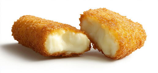 A single golden-brown mozzarella stick, cut in half