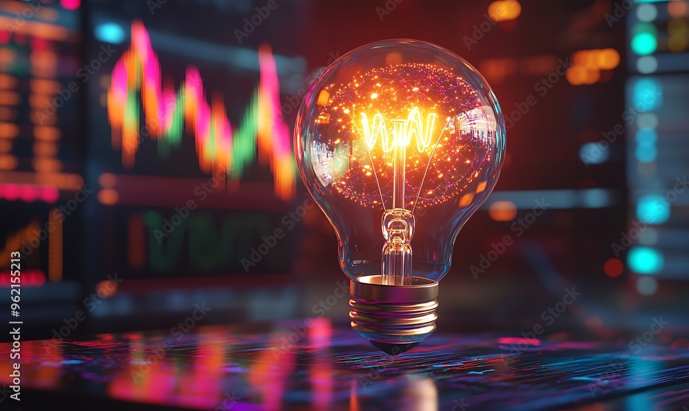 Poster illuminated lightbulb with glowing filament and blurred background