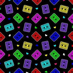 Seamless pattern with cassette and hearts. Design for Valentines Day