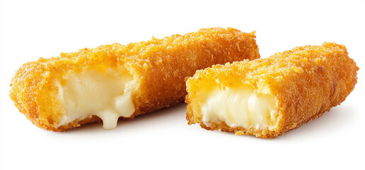 A single golden-brown mozzarella stick, cut in half