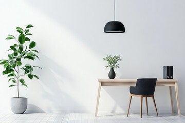 Minimalist Home Office with Light Wood Desk, AI generated illustration
