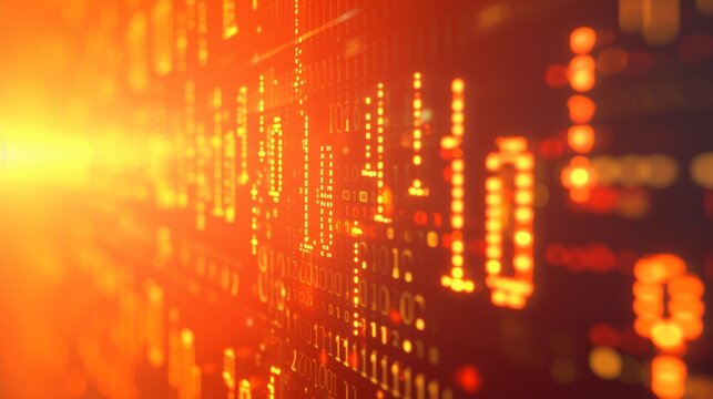 A glowing digital data stream with bright orange tones, showcasing binary codes and light effects. This image captures the essence of modern technology, data processing, and digital communication.