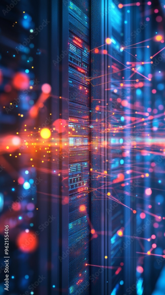 Aufkleber Close-up of a vibrant data server room with neon lights and a focus on network connectivity, data flow, and cloud computing.