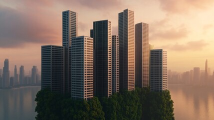 Modern skyscrapers emerge from dense greenery with a city skyline and soft sunset light in the background, blending nature and urban life
