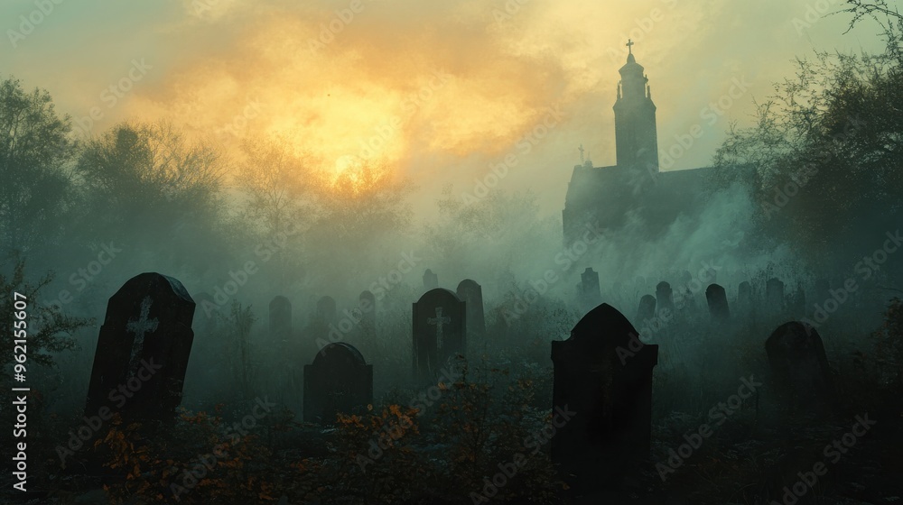 Wall mural a graveyard scene with fog rolling over the tombstones and an eerie, glowing light in the distance