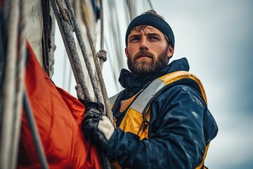 Bearded sailor in waterproof gear holding rigging
