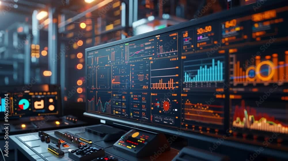 Poster screens display data and charts in a high tech control room, showcasing futuristic technology for pr