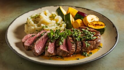 A plate of meat with a side of mashed potatoes and vegetables. The meat is cooked and seasoned perfectly, and the vegetables are roasted.