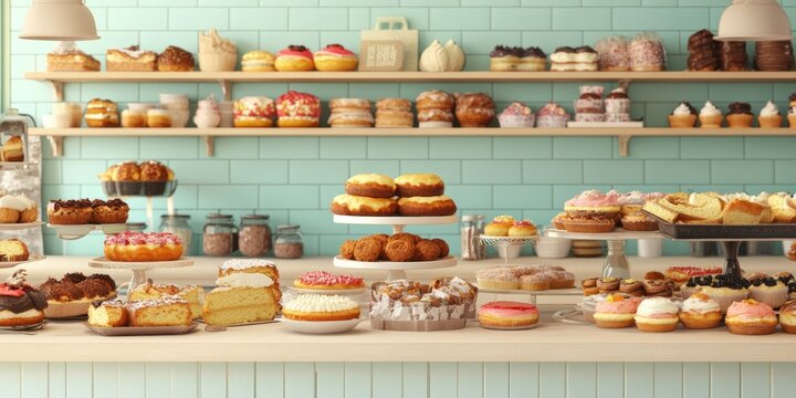 A realistic 3D rendering of a bakery counter filled with various cakes, donuts, and muffins, all displayed in a colorful and inviting way
