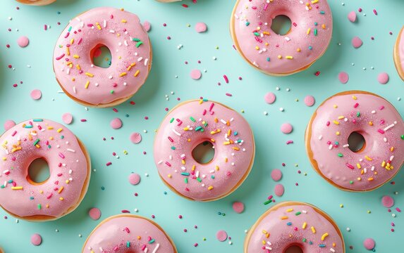 Pink Donuts with Sprinkles on a Blue Background