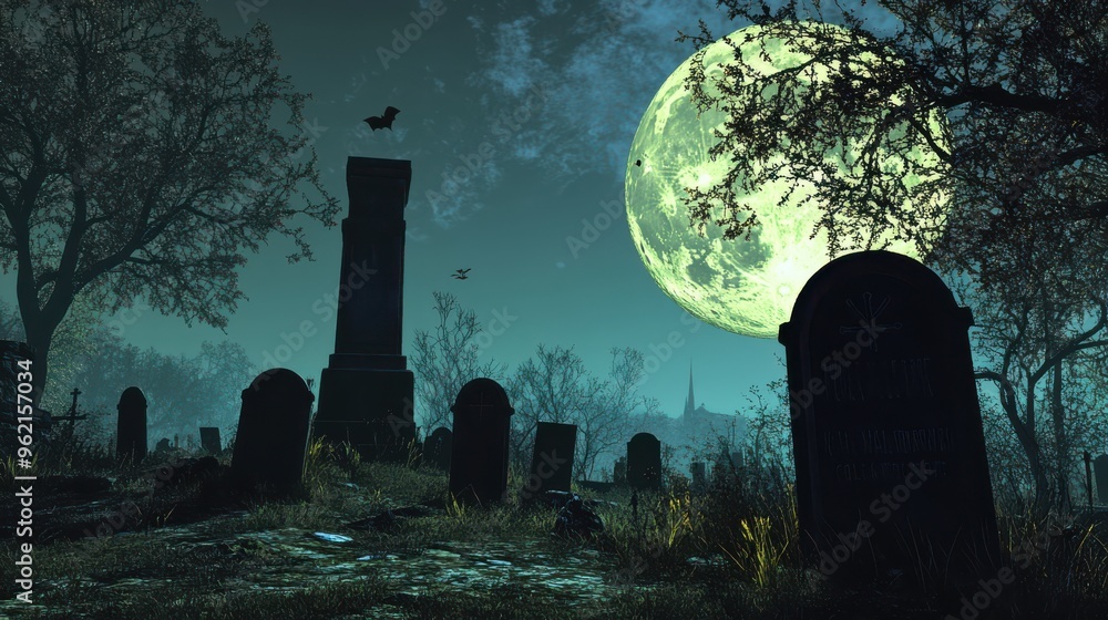 Wall mural a spooky graveyard scene with a full moon casting long shadows over the tombstones
