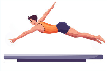 Male gymnast performing an impressive flying leap over the balance beam in a dazzling display of athleticism in a competition setting