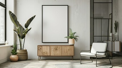 Mock-up of a poster frame set against a modern, minimalist living room interior. 3D render and illustration.