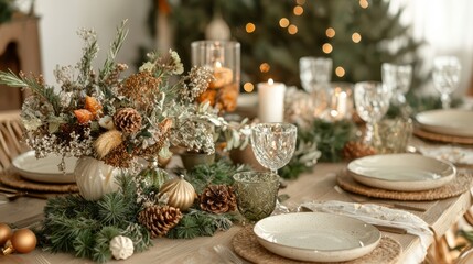 Eco-friendly Christmas table setting with a rustic theme featuring dried flower centerpieces, muted earth tones, and upcycled materials in a cozy indoor space