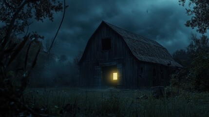 A cinematic shot of a spooky old barn at night, with eerie lights glowing from inside
