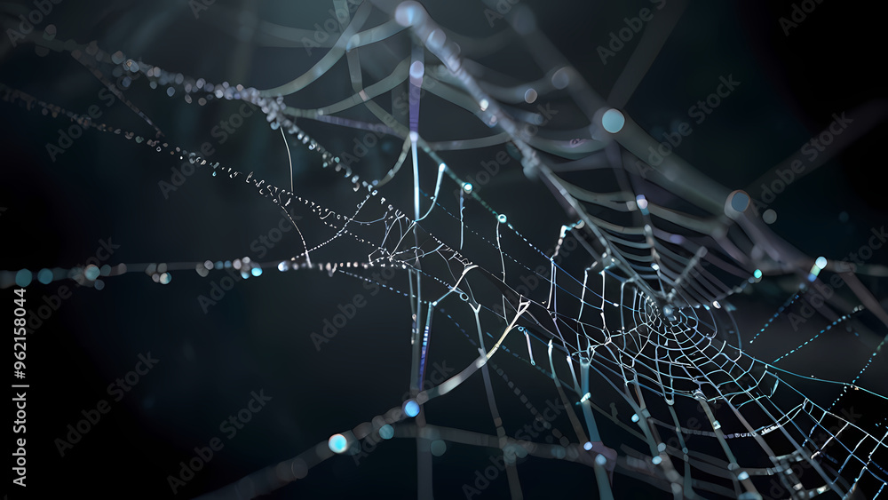 Wall mural abstract background of an intricate spider web with delicate, shimmering silver threads against a da