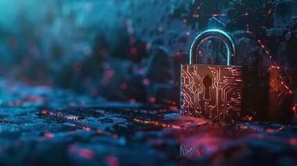Digital padlock with glowing circuit board design in a futuristic setting.