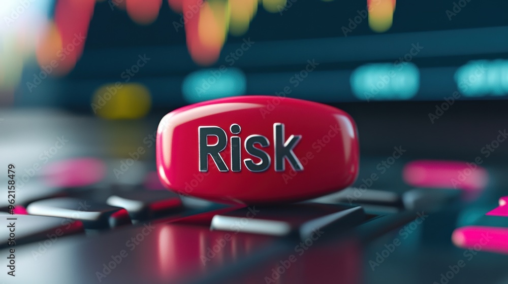 Poster a red button on a keyboard with the word risk written in white letters, ai