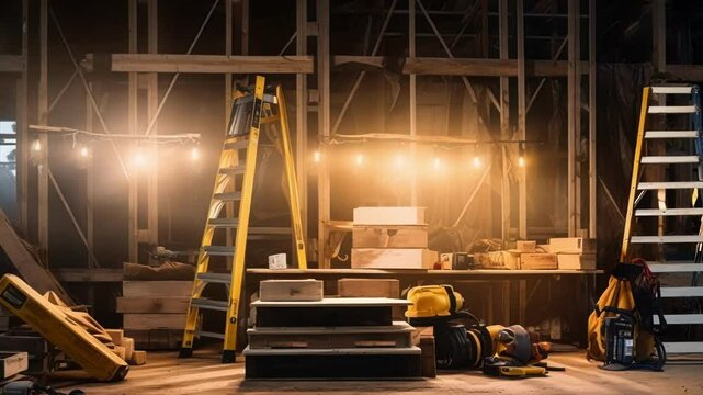 Construction site illuminated by string lights, with various tools and equipment scattered around, including ladders, levels, and power tools. The scene evokes a sense of hard work and dedication
