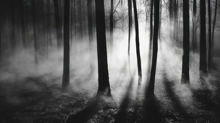 Naklejka premium A cinematic shot of a haunted forest, with fog rising from the ground and eerie shadows moving in the trees