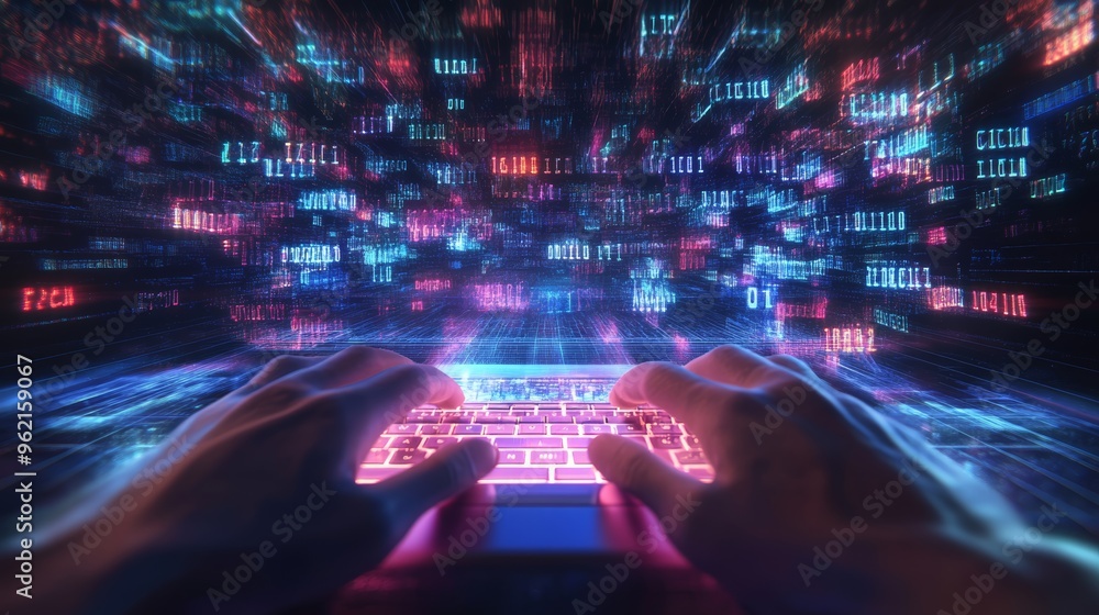 Poster Person typing on laptop with glowing data streams cascading, symbolizing programming and software engineering.