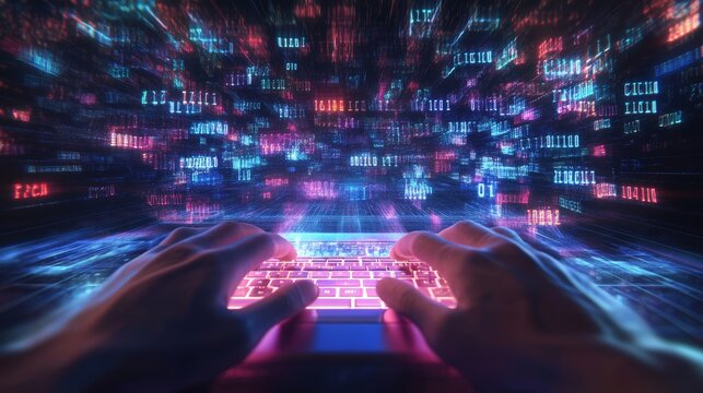 Person typing on laptop with glowing data streams cascading, symbolizing programming and software engineering.