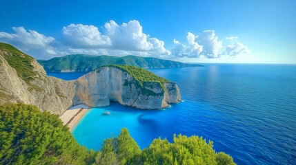 Obraz premium Navagio Beach is beautiful, the sky is clear, the sea water is beautiful, the beach is beautiful, the weather is good.