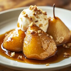 Close-up of poached pears with caramel sauce and pecan ice cream on a white plate.