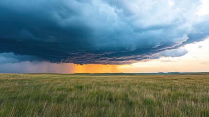 Sun setting behind a line of thunderstorms on the horizon, dramatic weather, contrast of light and dark