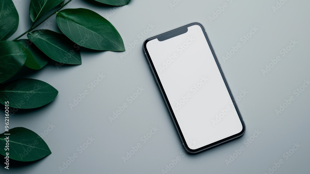 Sticker a smartphone with a blank screen sits on a gray surface with green leaves.