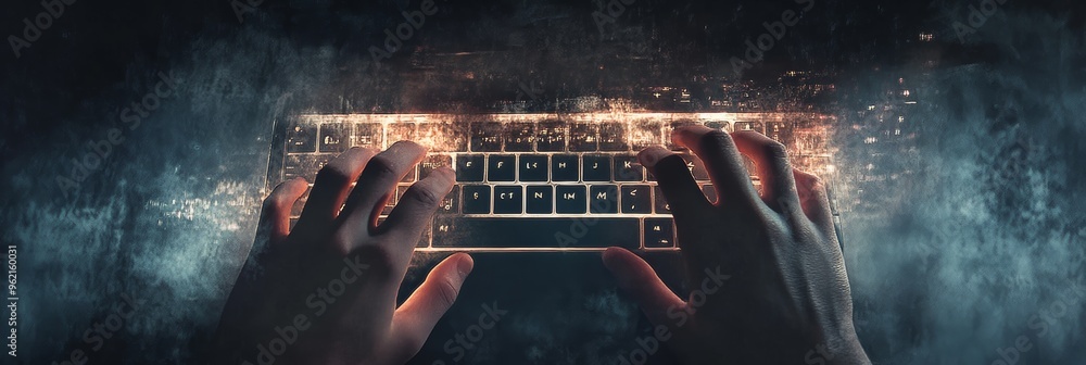 Aufkleber Hands typing on a futuristic keyboard with sparks of light. Intense software development and coding process.