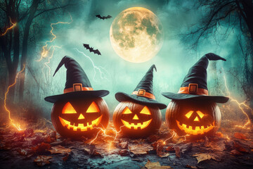 Enchanted Halloween night with spooky jack-o'-lanterns moonlight