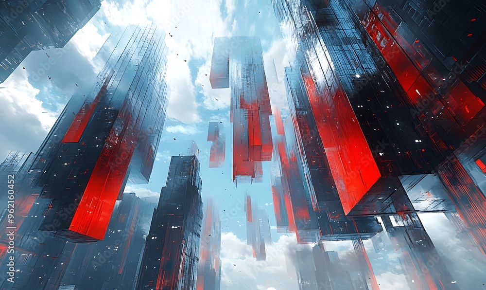 Poster a view upwards into a futuristic cityscape with red and blue geometric structures