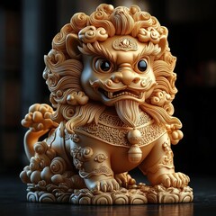 
A golden lion head, made of gold material with traditional auspicious cloud patterns on its body