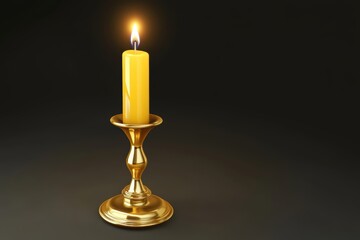 Golden candlestick with lit candle on dark background