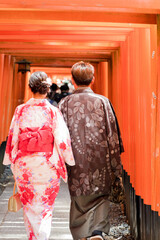 Fototapeta premium A couple wearing Japanese Kimono in Kyoto, Japan.