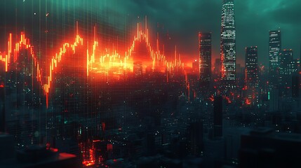 A futuristic cityscape at night with a glowing red stock market chart overlay.
