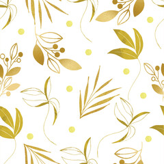 Luxury Gold Leaf Pattern on White Background, floral print