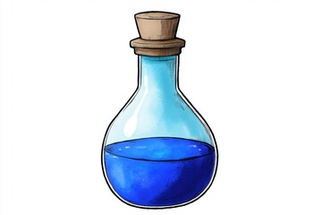 Hand-drawn blue potion in glass bottle with cork stopper