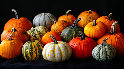 An array of diverse pumpkins in various colors and unique textures, beautifully arranged against a dark background, showcasing the rich variety of fall harvest.