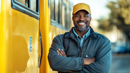 Black truck driver in a joyful pose, leaning on his truck and smiling broadly at the camera, in a well-lit outdoor setting. Ai generated
